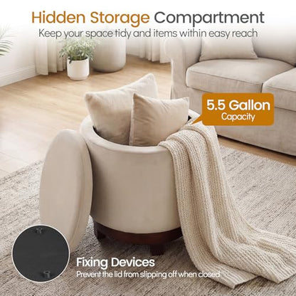 GIANTEX Round Ottoman with Storage, 360° Swivel Velvet Vanity Stool with Removable Lid, Wood Frame & Legs, Ottoman Foot Rest for Living Room, Bedroom, Makeup Room No Assembly (White & Walnut) - color: White & Walnut