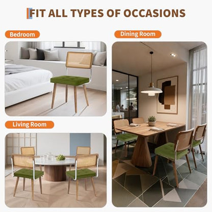 GarveeHome Natural Rattan Dining Chairs Set of 6, Velvet Upholstered Kitchen Chairs with Tall Cane Backrest and Strong Wood Legs for Dining Room, Kitchen, Restaurant, Green - color: Green, size: 6 PCS