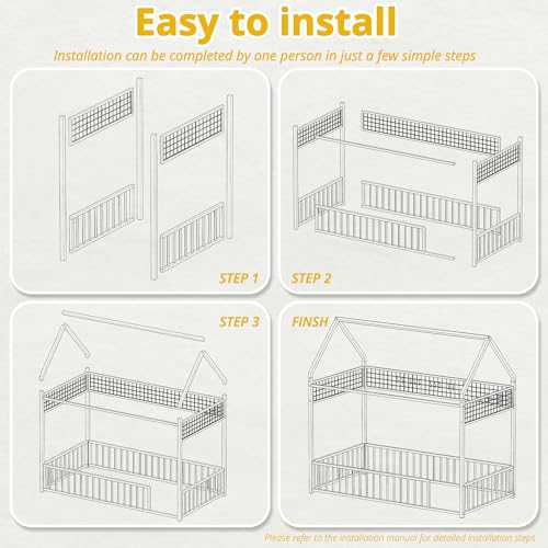IRONCK Twin Floor Bed Frame with Fence Guardrails and Roof, Black | Metal House Bed with Hanging Mesh, No Box Spring Needed, Easy Assembly, Anti-tipping Device - color: Black