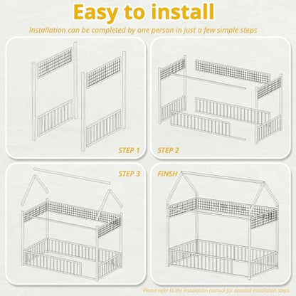 IRONCK Twin Floor Bed Frame with Fence Guardrails and Roof, White | Metal House Bed with Hanging Mesh, No Box Spring Needed, Easy Assembly, Anti-tipping Device - color: White