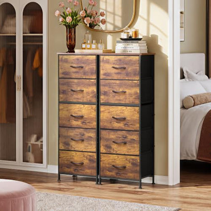 WLIVE Tall Dresser for Bedroom, 5 Drawer Dresser, Rustic Brown | 5 vertical fabric drawers, Tall vertical design, Bedroom or closet use, Dresser for small spaces, Chest of drawers - color: Rustic Brown Wood Grain Print