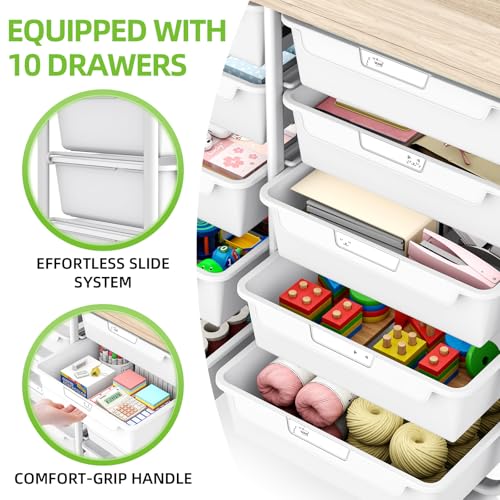 10 Drawers Rolling Cart with Wooden Tabletop, Utility Storage Cart with Wheels, Art Supply Craft Organizer on Wheel with Metal Frame & Handles for Home Office School (Pure White) - color: Pure White