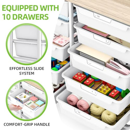 10 Drawers Rolling Cart with Wooden Tabletop, Utility Storage Cart with Wheels, Art Supply Craft Organizer on Wheel with Metal Frame & Handles for Home Office School (Pure White) - color: Pure White