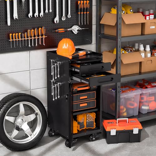 Garage Storage Cabinet,Metal Rolling Tool Cabinet with 2 Pegboard and 10 Hook,Heavy Duty Mechanics Tool Chest Storage for Workshop, Basement,Warehouse,Include Workbench Liner,Black - color: Black, size: 2 Drawer & 1 Doors