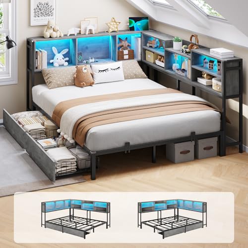 DICTAC Corner Full Bed Frame with Bookcase Storage and Led Lights Metal Platform Bed Frame with 2 Drawers & Charging Station Full Size Daybed with Storage for Living Room,Bedroom,Guest Room,Oak Gray - color: Oak Gray, size: Full