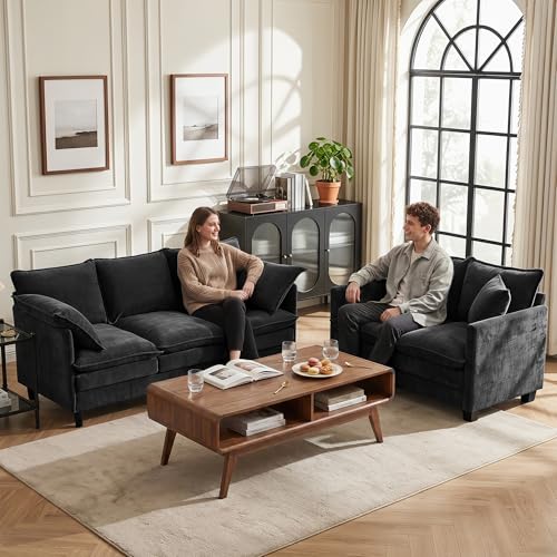Loveseat Sofa Couch 2 Piece Set, Small Compact 50" Love Seat 27" Deep Cloud Sofa Set Washable Chenille Pillow Living Room Set for Apartment Office 50-Black-2+2 - color: Black, size: 50"+50"