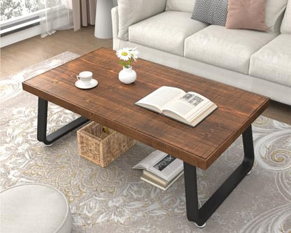 Natural Solid Wood Coffee Table, Rustic Center Tables for Living Room | Rectangle Metal and Real Wooden Tea Table, Modern Industrial Minimalist Wooden Cocktail Tables, Rustic Brown, 47 Inch - size: 47 inch