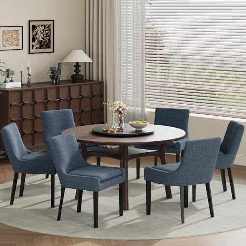 COLAMY Modern Dining Room Chairs Set of 6 with Mid Back and Wood Legs, Upholstered Kitchen Chairs for Dining Room/Living Room, Blue - color: Blue, size: Set of 6
