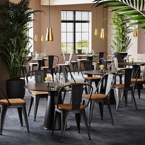 Alunaune 18inch Metal Dining Chair Set of 4 High Back Classic Chic Iron Farmhouse Chairs Industrial Stackable Coffee Stools Bistro Cafe Side Barstools Wood Seat-Black - color: Black