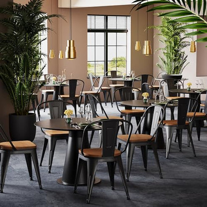 Alunaune 18inch Metal Dining Chair Set of 4 High Back Classic Chic Iron Farmhouse Chairs Industrial Stackable Coffee Stools Bistro Cafe Side Barstools Wood Seat-Black - color: Black