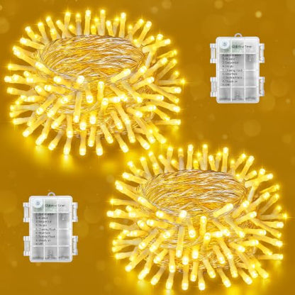 Ollny Fairy Lights Battery Operated 2 Pack, Total 200 LED 66 FT Battery String Lights, Waterproof LED Light with 8 Modes, Bedroom Indoor Outdoor Classroom Party Decorations, Warm White - size: 66 FT