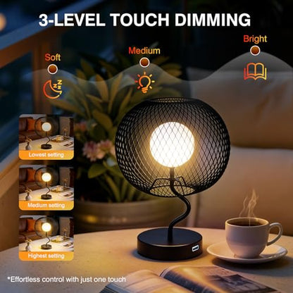 Cordless Industrial Table Lamp, Touch Dimmable Bedside Lamp with Black Metal Mesh Shade, USB-C Rechargeable Warm Ambient Light for Bedroom, Living Room, Dining Table, Side Table