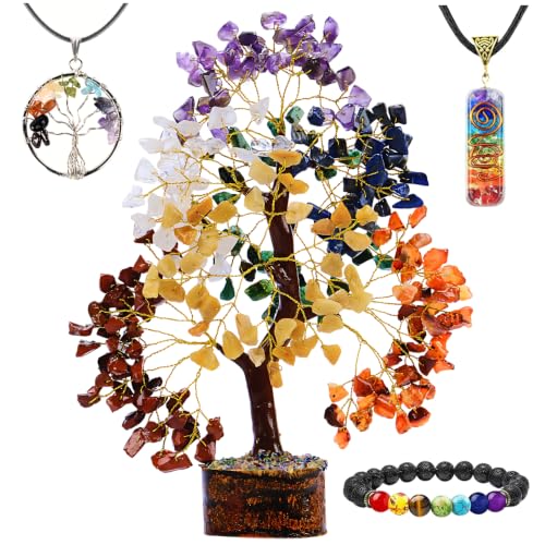 7 Chakra Healing Crystal Tree Kit, Bracelet, Pendant, Necklaces, Handmade Gemstone Money Bonsai Tree of Life Feng Shui Decor for Home Office, Positive Energy, Reiki Healing Gifts for Women - color: Seven Chakra Golden Wire Set (300 Beads)