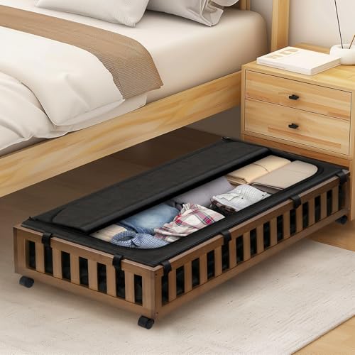 Gashell 2 Pack Bamboo Under Bed Storage with Wheels, 39”x20”x7.8” Lager Under Bed Storage Containers (Brown)