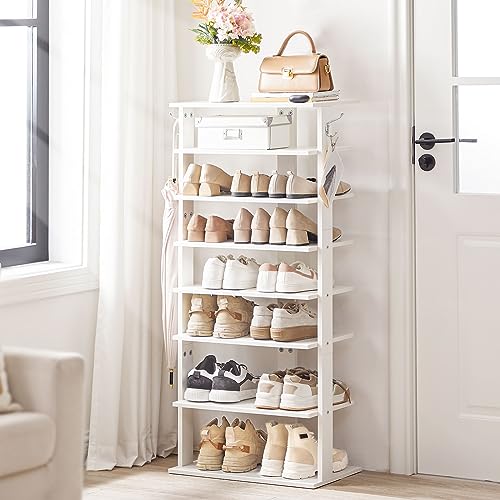HOOBRO Vertical Shoe Rack, 8 Tier Wooden Shoe Storage Organizer with Hooks, Narrow Shoe Tower for 16 Pairs, Space Saving, for Entryway, Living Room, Bedroom, White WT750XJ01 - color: White, size: 8 Tier (19.7"W)