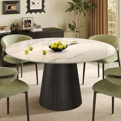 47" Round Dining Table for 4, Sintered Stone Top Solid Wood Pedestal, Snowy White+Black (Table Only) - color: Snowy White+black, size: 47"