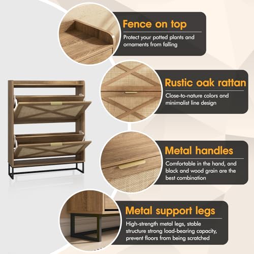 Maupvit Shoe Storage Cabinet with 2 Rattan Flip Drawers, Freestanding Organizer with Metal Legs for Entryway, Narrow Shoe Rack Cabinet, Hidden Golden Handles, Rustic Oak Rattan - color: Rustic Oak Rattan, style: 2-Drawers