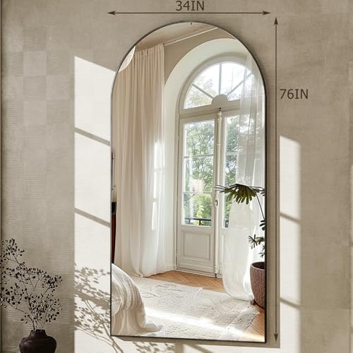 76"x34" Arched Full Length Mirror Large Full Body Mirrors, Black | Aluminum Alloy Frame Oversize Freestanding Mirror for Leaning Hanging, Wall Mounted Mirrors for Bedroom Living Room - color: Black, size: 76"L x 34"W