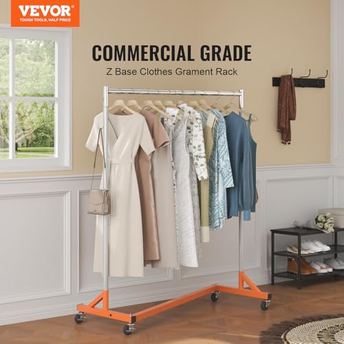 VEVOR Z Rack, 300 lbs Industrial Grade Z Base Garment Rack, 24" x 63" x 71" Clothes Rack, Sturdy Steel Heavy Duty Clothing Rack w/Lockable Casters for Home Garment Store Orange - style: 1 Pack
