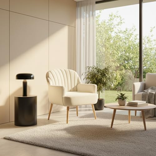 GDFStudio 25" Velvet Accent Chair with Arms and Back, Modern Shell-Shaped Upholstered Barrel Chairs, Small Comfy Reading Chair Lounge Chairs with Solid Legs for Living Room Bedroom Office Cafe, Beige - color: Beige