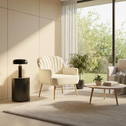 GDFStudio 25" Velvet Accent Chair with Arms and Back, Modern Shell-Shaped Upholstered Barrel Chairs, Small Comfy Reading Chair Lounge Chairs with Solid Legs for Living Room Bedroom Office Cafe, Beige - color: Beige