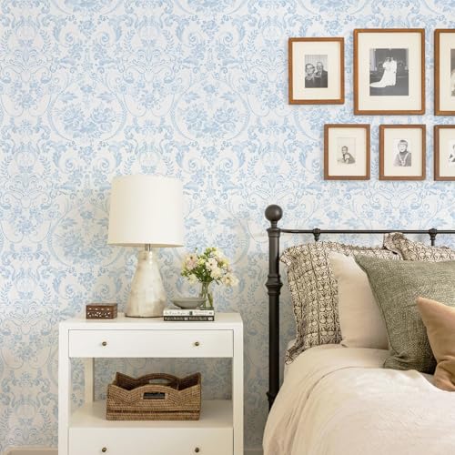 Ismoon Blue and White Wallpaper Floral Peel and Stick Wallpaper 17.3in x 6.56ft Vintage Damask Blue Contact Paper Boho Removable Watercolor Wall Paper for Bedroom Bthroom Kitchen Décor Vinyl - color: Blue and White, size: 17.3" x 78.7"