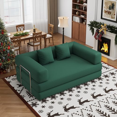 59.0 Inch Convertible Sofa Bed, 4-in-1Futon Sofas Bed Pull Out Sleeper Couch, Modern Deep Seat Sofa for Living Room, Corduroy Boneless Couches for Bedroom, Apartment, No Assembly (Green, 59” 2 Seat) - color: Green, size: 59” 2 Seat