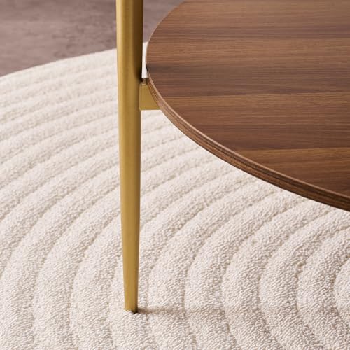 LumFurn Round Coffee Table, Mid-Century Modern Design, D30“ x H17”, for Living Room, 2-Tier Structure, Clear Glass Top and Walnut MDF Shelf, Sleek Conical Metal Legs with Gold Finish - color: D30" Clear & Walnut
