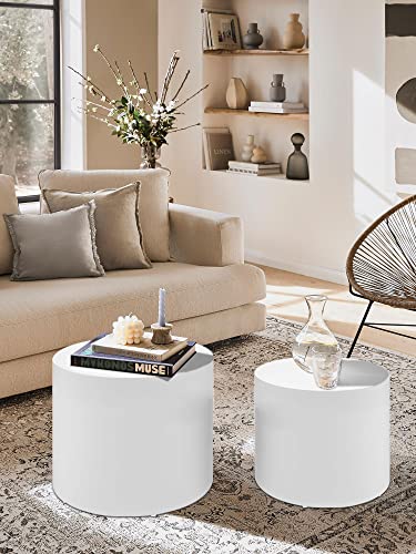 JUSTONE Set of 2 Nesting Coffee Table,Modern Round Wood Accent Side End Table for Living Room Bedroom and Entryway, Apartment,Nesting Tables for Small Spaces No Assembling (Matte White) - color: Round-white-14.9"h