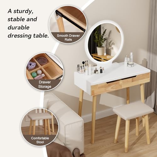 YOURLITE Makeup Vanity Desk with Lighted Mirror & Stool | 31.5" Makeup Table, 3 Lighting Modes, Adjustable Brightness, 2 Drawers, Cushioned Stool, Round Mirror - size: 31.5", style: Round Mirror Wooden
