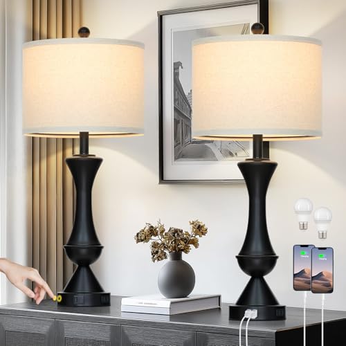 29" Black Tall Table Lamps for Living Room, Touch Control Bedroom Lamp with USB A+C Ports, 3-Way Dimmable Bedside Table Lamps Set of 2, Modern Metal Lamp for Nightstand - color: Black-2Pack