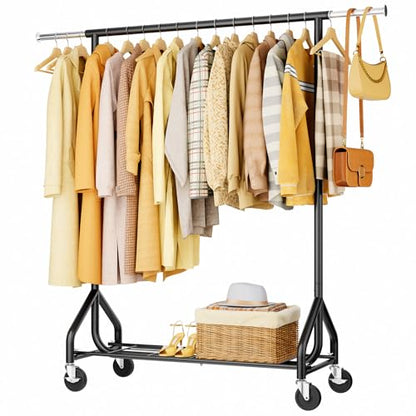 HYSEYY Heavy-Duty 450LBS Capacity Metal Clothes Rack，Rolling Clothing Rack with Wheels & Shelves, Portable Standing Wardrobe Rack for Hanging Clothes, Black (Black, L) - color: Small-Black