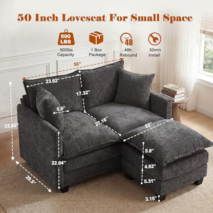 50'' L-Shape Loveseat Sofa with 22" Ottoman, 2 Seat Modern Cloud Couch with 2 Washable Pillows for Small Space Apartment Office Living Room Bedroom, Grey - color: Grey, size: 50"L