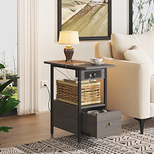LIDYUK End Table with Charging Station, Narrow Side Table with Drawer | Equipped with USB Ports & Power Outlets, Nightstand Bedside Tables for Small Spaces, Bedroom, Living Room, Dark Grey - color: Dark Grey, size: Pack of 1