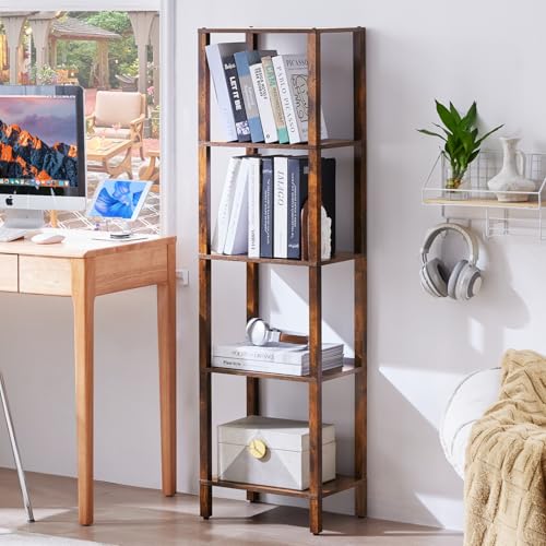 YUFAM 5 Tier Tall Narrow Bookshelf, Skinny Bookcase, Wooden Shelf, Brown | 54'' Tall Thin Book Shelf, Skinny Book Shelf for Modern Narrow Industrial Shelf fits Living Room, Office, Bedroom, Kitchen - color: Brown, size: 5-Tier