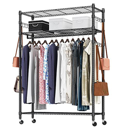 Heavy Duty Clothes Rack, Adjustable Rolling Garment Rack with Shelves, Freestanding Wardrobe Rack 1 Clothes Hanging Bar, 3 tired Wire Shelving, 4 Hanger Hooks - Hold Up to 400Lbs (Black, 1Rod 4Hook)