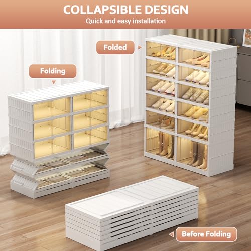 SYNCVIBE Shoe Rack Organizer for Closet, 6 Tiers, 24 Pairs, 34.2" Wide | Foldable Shoe Storage, Collapsible Shoe Cabinet with Doors, Stackable Plastic Shoe Shelves for Entryway and Living Room - size: 6 Tiers -24 Pairs White