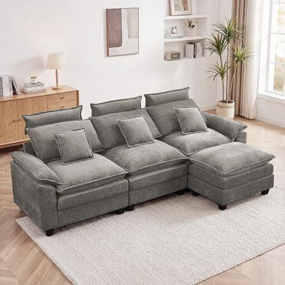 103'' Modular L Shaped Sofa, Cloud Deep Seat Sofa Couch with Ottoman, Detachable Headrest, 3 Seater Sectional Sofas for Living Room, Apartment, Studio, Light Grey - color: Light Grey, size: L Shaped Couch