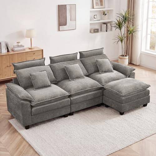 103'' Modular L Shaped Sofa, Cloud Deep Seat Sofa Couch with Ottoman, Detachable Headrest, 3 Seater Sectional Sofas for Living Room, Apartment, Studio, Light Grey - color: Light Grey, size: L Shaped Couch