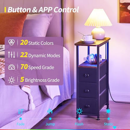 Narrow End Table with Charging Station, Narrow Side Table with Drawer, Small Nightstand with LED Light, Skinny Nightstand, Small Bedside Table for Living Room, Bedroom, Couch, Rustic Brown - color: Rustic Brown, size: 7.9" W x 18.9" D, style: Power + Ligh