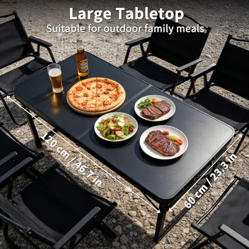 Folding Camping Table, Black Aluminum Frame,3-Position Adjustable Height,Lightweight Carry Handle, Portable for Travel, Camping Outdoor Use, 4FT x 2FT(Large), Black - size: 4 ft x 2 ft × 2.3 ft H
