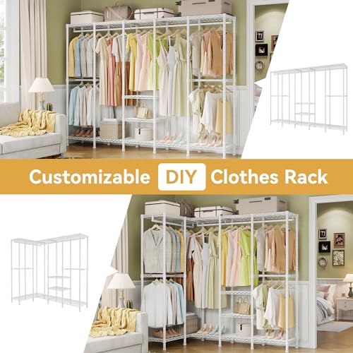 Higeego H5 Clothing Rack for Hanging Clothes, Heavy Duty Closet Rack, White | Large Garment Rack, 93.3"Wx15.7"Dx75.4"H, Freestanding Wardrobe Closet, with Adjustable Shelf, Load 1400 lbs - color: White