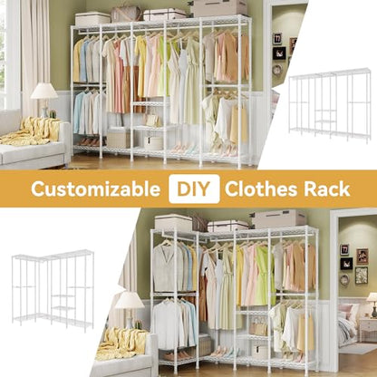 Higeego H5 Clothing Rack for Hanging Clothes, Heavy Duty Closet Rack, White | Large Garment Rack, 93.3"Wx15.7"Dx75.4"H, Freestanding Wardrobe Closet, with Adjustable Shelf, Load 1400 lbs - color: White