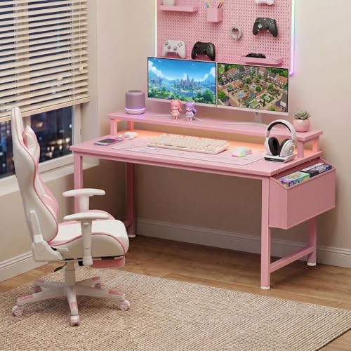 Lufeiya Girls Desk with Power Outlets and LED Lights, 40 Inch Gaming Desk Table with Charging Station, Home Office Computer Desks with Monitor, Pink - color: Pink, size: 39.4"