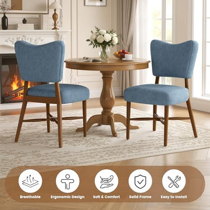Mid Century Dining Chairs Set of 4, Linen Seat, Wood Legs, Blue | Farmhouse, Upholstered Padded Cushion, Solid Wood Cross-Brace, Easy 15-Min Assembly, Kitchen Dining Room - color: Blue, size: Set of 4