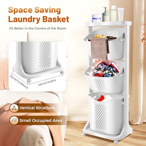 Rolling Laundry Hamper Storage Sorter, 3 Tier Rolling Laundry Hamper Cart White Laundry Baskets with Wheels for Kitchens Bathrooms Bedrooms Classrooms Laundry Rooms