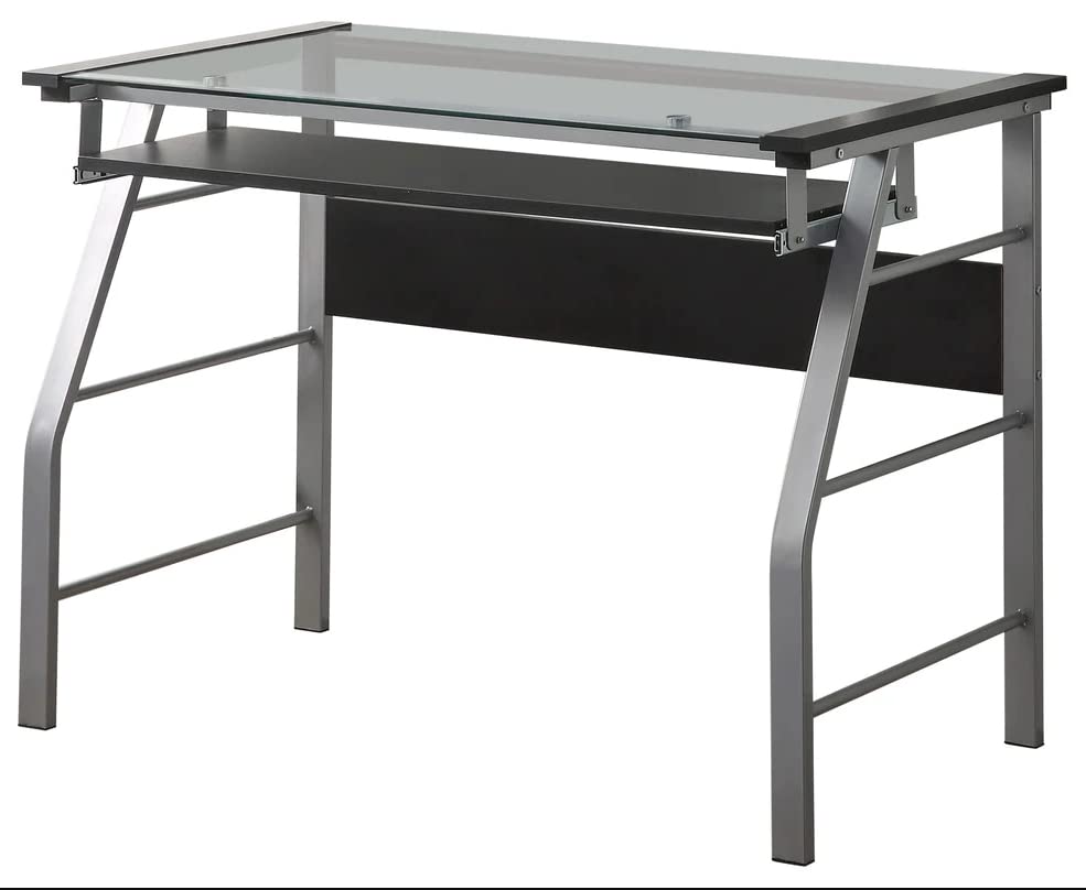 King's Brand Metal and Glass Top Home Office Computer Desk/Table, Silver Finish