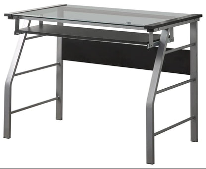 King's Brand Metal and Glass Top Home Office Computer Desk/Table, Silver Finish
