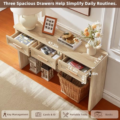 RWYHG 47" Entryway Table with 3 Drawers, Boho Rattan Console Table, Natural | Layered Drawer Front Design , Open Bottom Storage, Farmhouse Behind Couch Table, Entry Table for Living Room Hallway& Foyer - color: Rattan