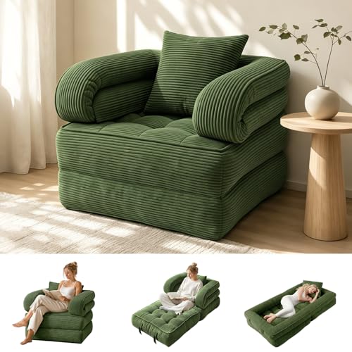 Folding Sofa Bed, Convertible Sleeper Chair with Armrests for Adults, Foldable Corduroy Boneless Bed, 3-in-1 Portable Futon Couch Floor Sofa with Pillow for Bedroom, Living Room, Dark Green - color: Dark Green